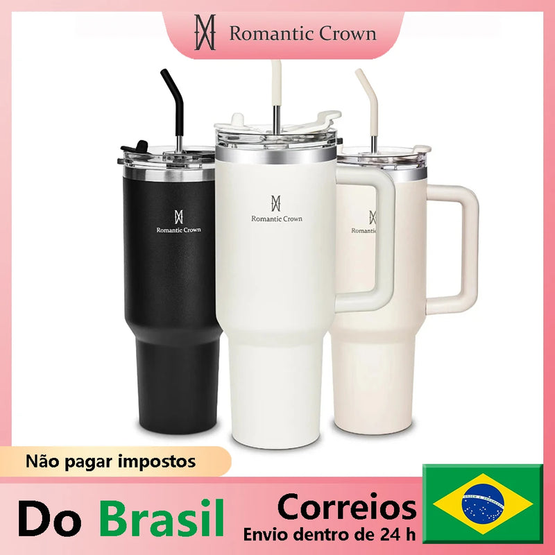 Copo térmico de aço inoxidável 304 da Romantic Crown com canudo, copo térmico a vácuo, garrafa térmica de água, caneca de 40 OZ